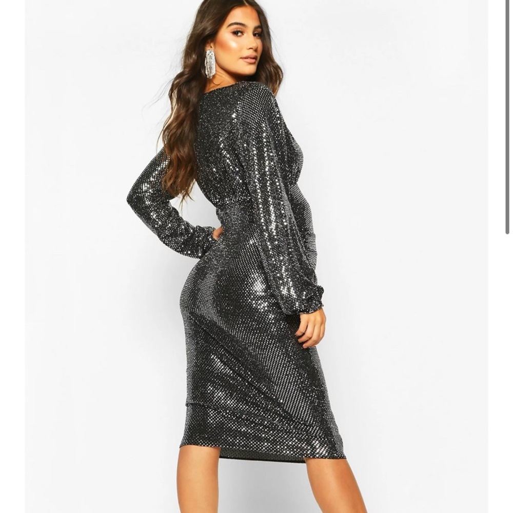 COPY - BooHoo Maternity Sequin Wrap Dress